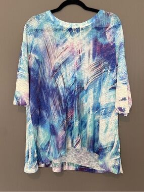 Jess & Jane Abstract Print Knit Coverup Top Blue Purple Short Sleeve Small